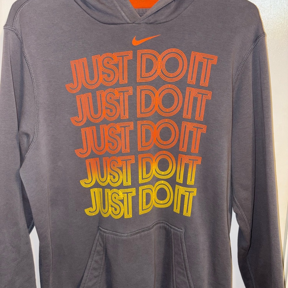 Nike Charcoal Hoodie with Vibrant Orange and Yellow Text
